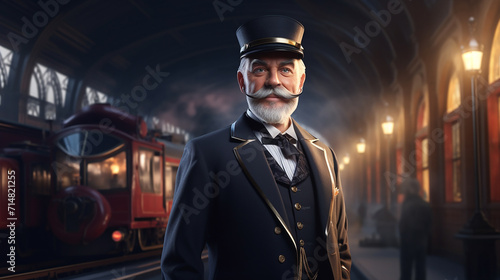 a character of nostalgic steam train conductor in old train station photo