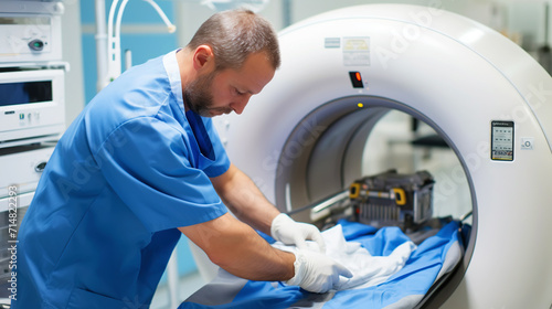 A hospital researcher performs routine maintenance on an MRI scanner. Generative AI