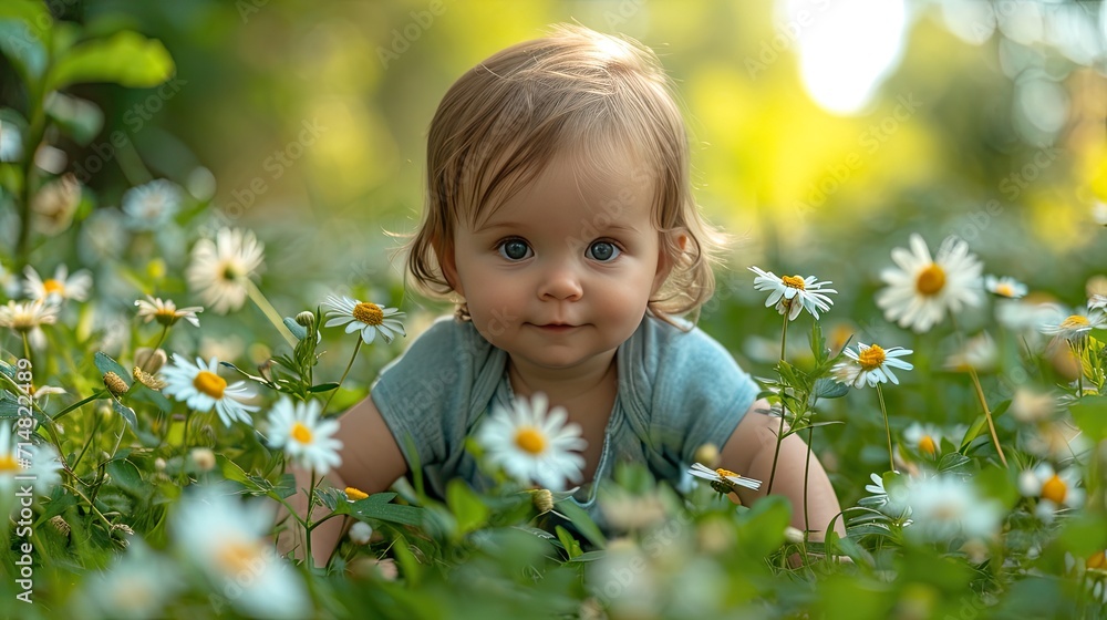 A baby with captivating blue eyes is nestled among vibrant yellow flowers and lush green leaves, evoking a sense of nature's beauty. A baby with captivating blue eyes is nestled among vibrant yellow flowers and lush green leaves, evoking a sense of nature's beauty.
