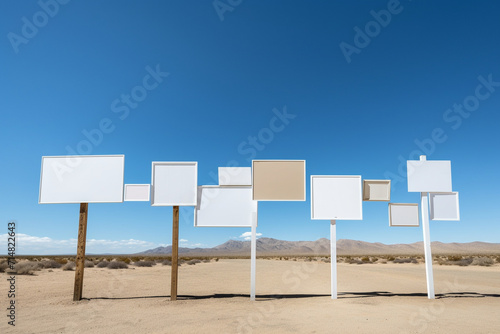 Wooden boards pointers in the desert. Blank board sign.