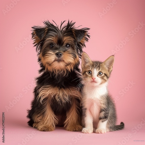 portrait. of a dog and a cat in the studio on a pink background © Ivana