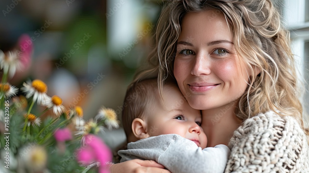 Obraz premium A loving mother holds her young child close, both wearing cozy knitted clothes, sharing a moment of warmth and affection.