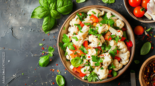 cauliflower salad with tomatoes, pomegranate and basil, top view with copy space