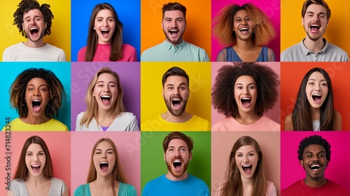 The collage of faces of surprised people on colored backgrounds. Happy men and women smiling. Human emotions, facial expression concept. collage of different human facial expressions, emotions