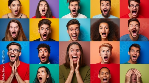 The collage of faces of surprised people on colored backgrounds. Happy men and women smiling. Human emotions, facial expression concept. collage of different human facial expressions, emotions photo