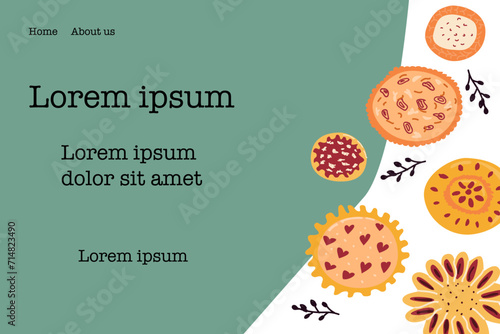 vector design for web with cartoon pies hand drawn style. Vector illustration isolated. horizontal banner for national or world pie day, autumn sale. 