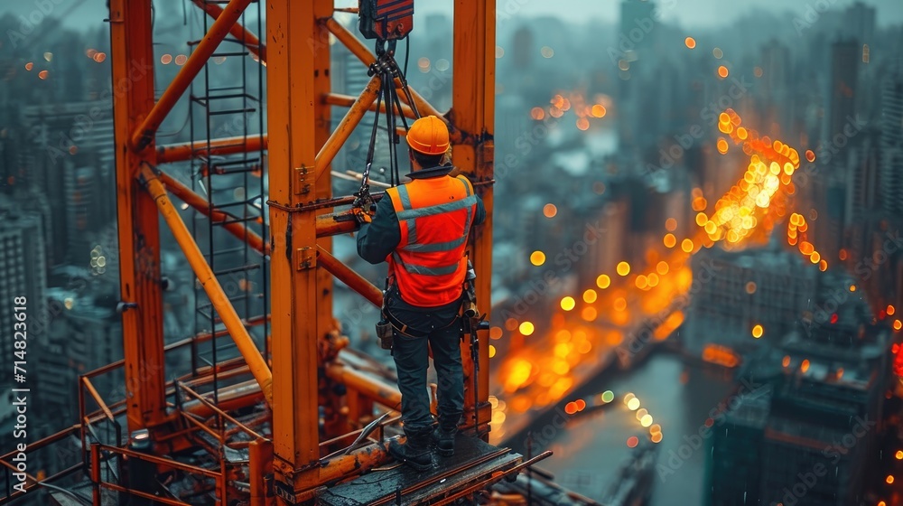 
A Construction Worker on a High-Rise Building Scaffold, Secured with Safety Harnesses Against a City Skyline - obrazy, fototapety, plakaty 
