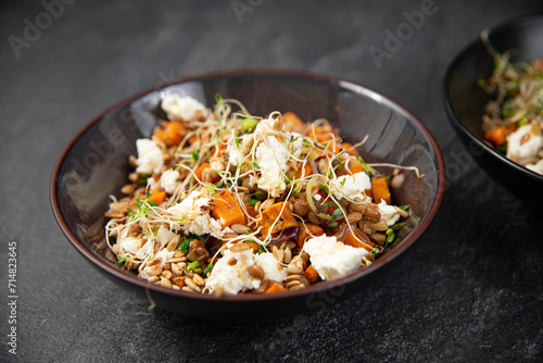 black lentils with pumpkin, feta and roasted sunflower seeds