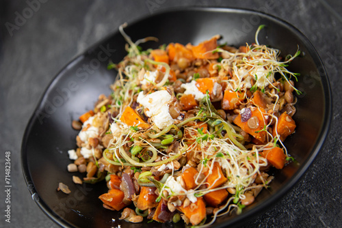 black lentils with pumpkin, feta and roasted sunflower seeds