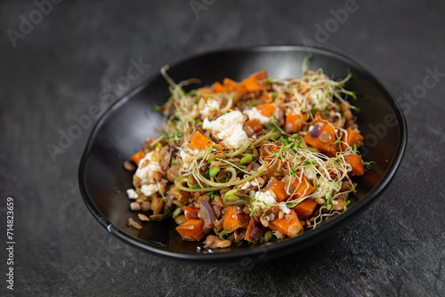 black lentils with pumpkin, feta and roasted sunflower seeds