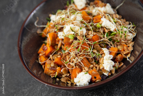 black lentils with pumpkin, feta and roasted sunflower seeds