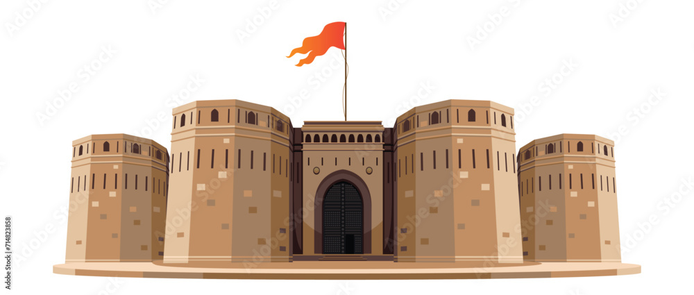 indian maratha fort with flag vector - obrazy, fototapety, plakaty 