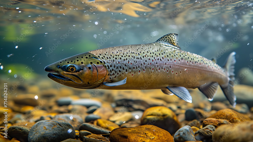 salmon swimming in water, closeup salmon swimming in water, closeup