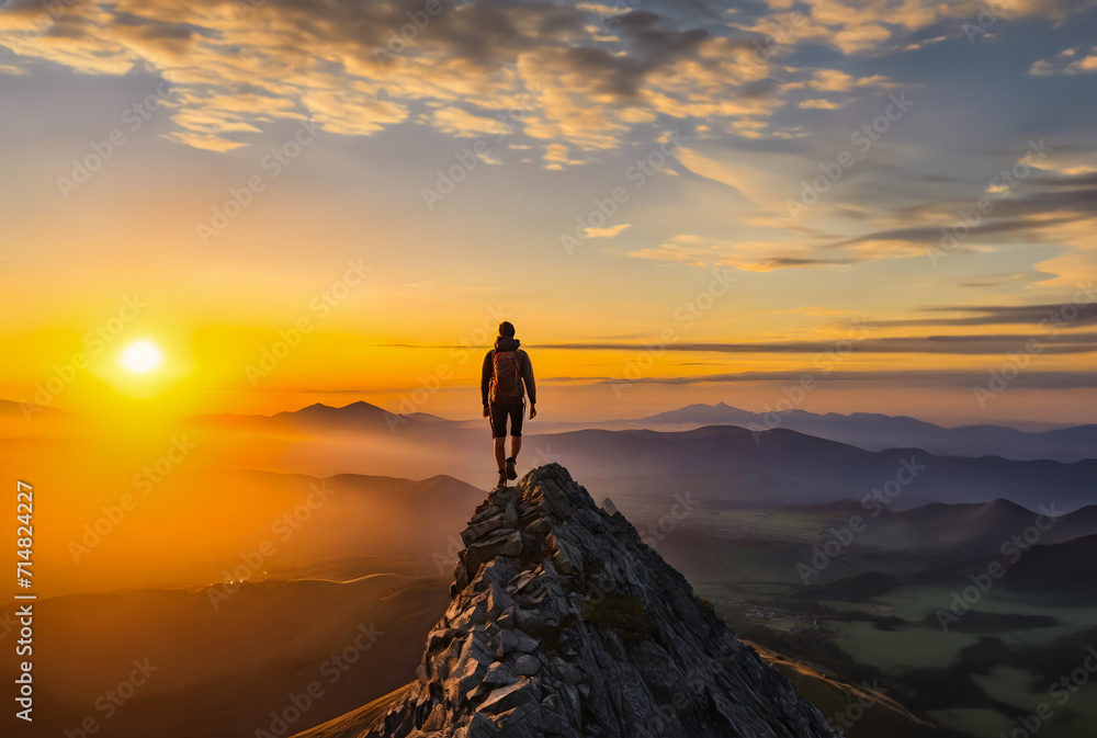 Adventurous Man Hiker standing on top of the peak with rocky mountains. Adventure Composite. Aerial Background Image of landscape. Sunset Sky. generative ai - obrazy, fototapety, plakaty 
