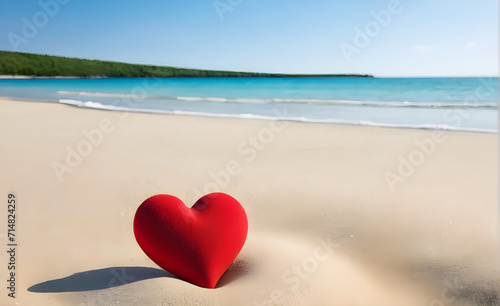 A red heart on the beach, background, Valentine's Day, Christmas. Generative AI