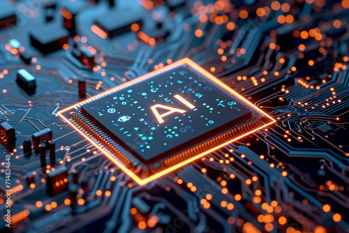 AI computer chip and circuit board illustration with AI lettering. photo