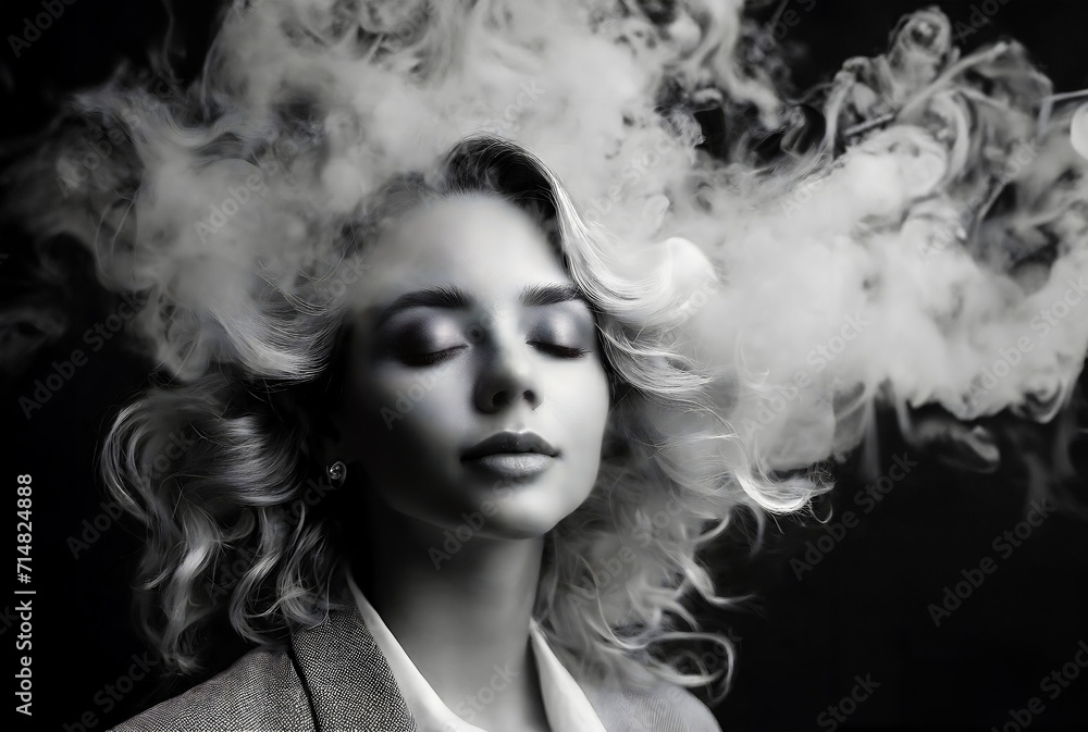 Beautiful woman on a dark background. woman's hair tangled with smoke. generative ai