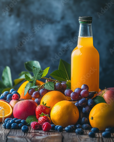 vibrant still life of fresh fruits with a bottle of orange juice on a rustic wooden table illuminated by natural light 