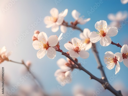 Branches of blossoming apricot macro with soft focus on gentle light blue sky background. Generative AI © Royalty-Free