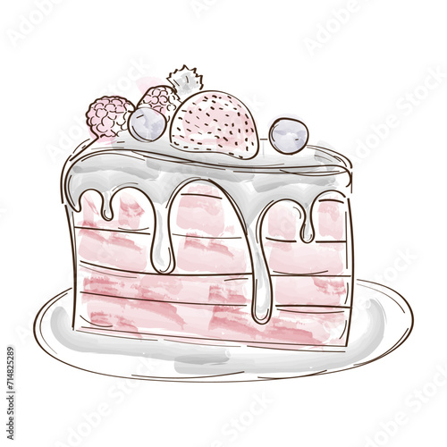 Illustration depicting a piece of cake with fruits and berries, drawn in doodle style, with various brushes on a white background.