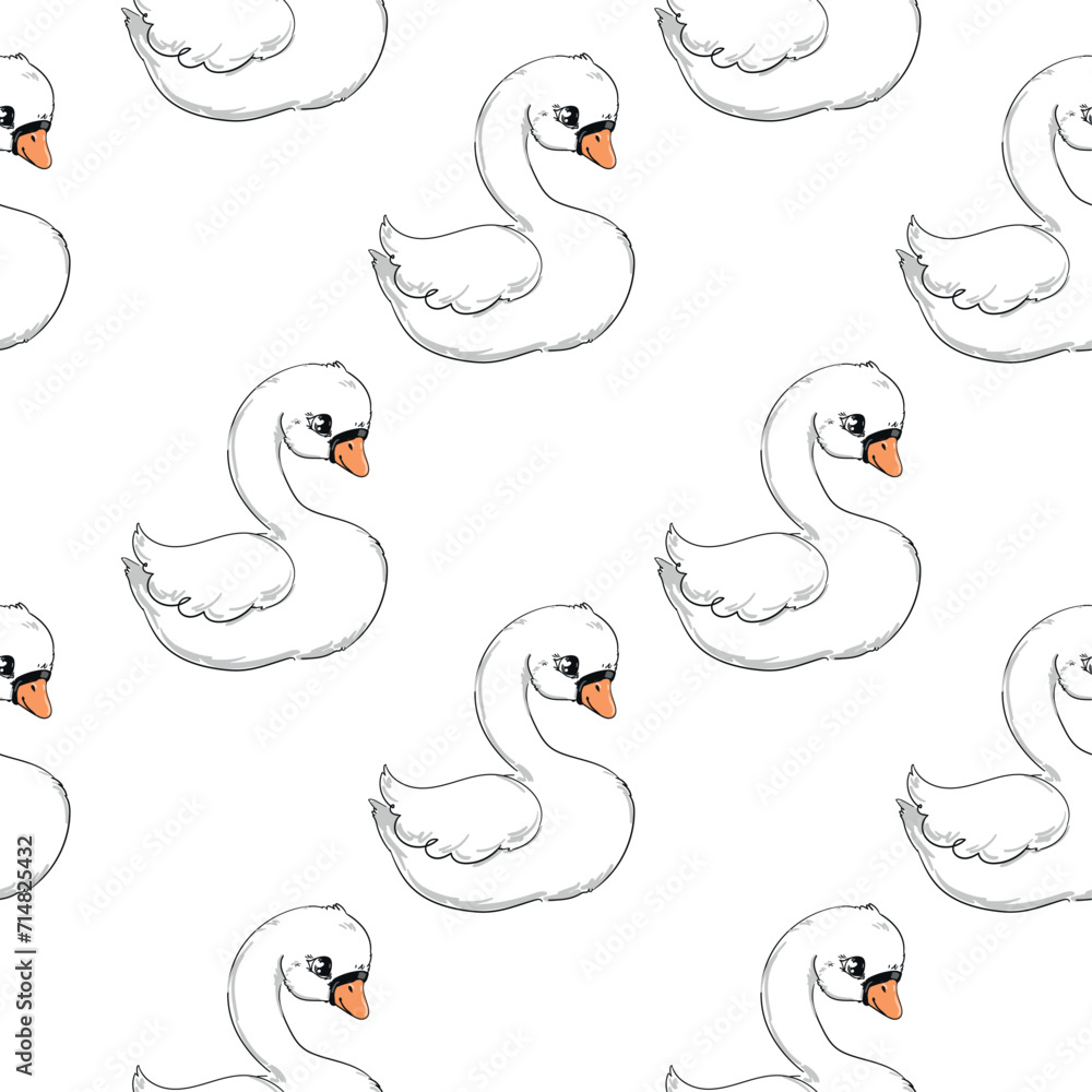 Obraz premium Hand drawn Swan pattern vector illustration, textile, print.
