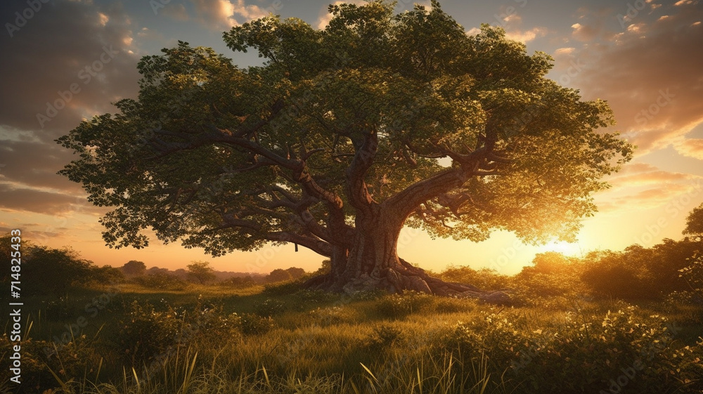 Fototapeta premium Leafy Tree With Sunset in the Background