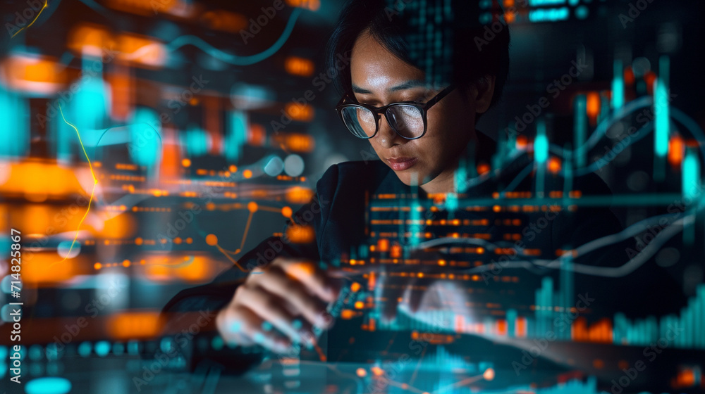 An investor analyzing a holographic portfolio of investments and assets, business, holograms, blurred background, with copy space An investor analyzing a holographic portfolio of investments and assets, business, holograms, blurred background, with copy space