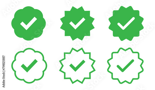 Green tick confirmation symbol icon set with fill and stroke. Green tick, yes, confirmation symbol. Green check mark button for verification or confirmation icon set.
