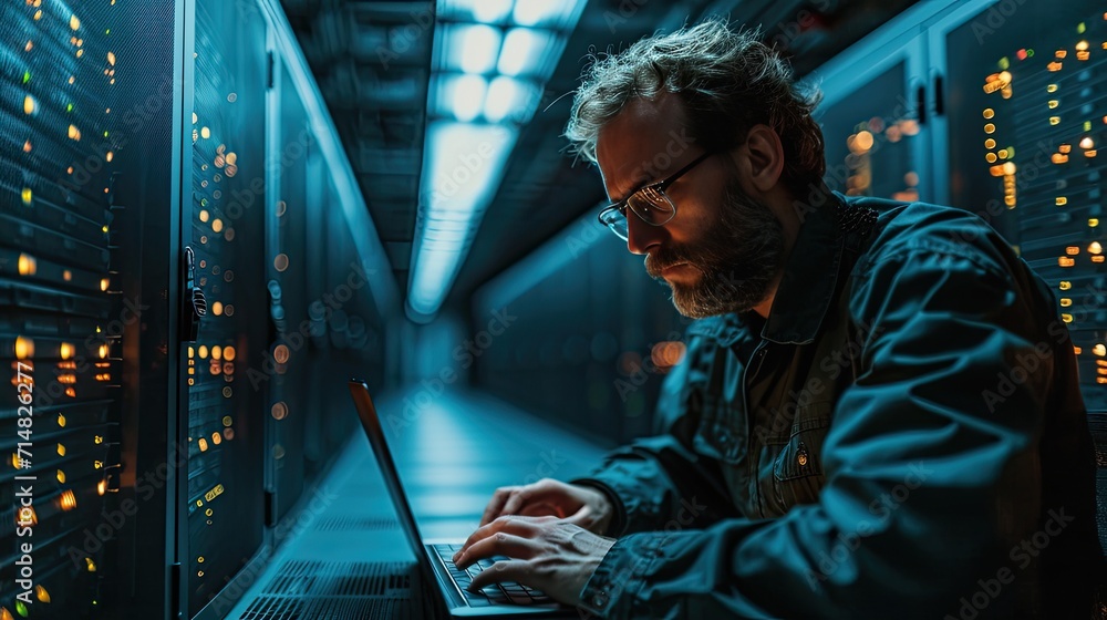 Portrait of IT Specialist Uses Laptop Specialist Uses Laptop in Data Center. Server Farm Cloud Computing Facility with Male Maintenance Administrator Working on Cyber Security and Network Protection Portrait of IT Specialist Uses Laptop Specialist Uses Laptop in Data Center. Server Farm Cloud Computing Facility with Male Maintenance Administrator Working on Cyber Security and Network Protection