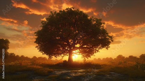 Leafy Tree With Sunset in the Background