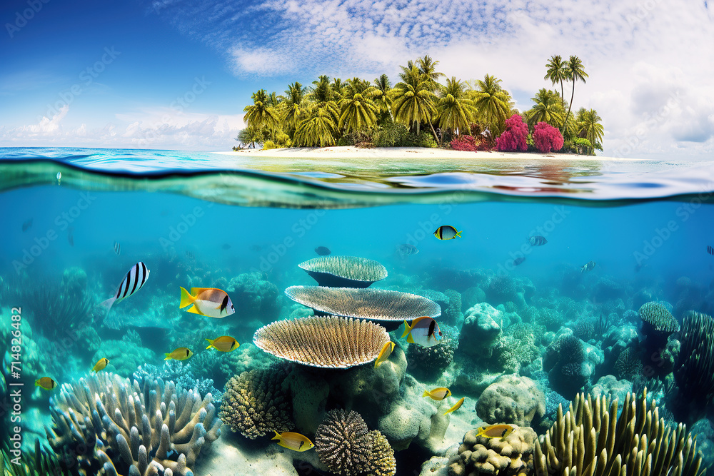 Underwater view of a coral reef with tropical fish. Exotic travel trip concept