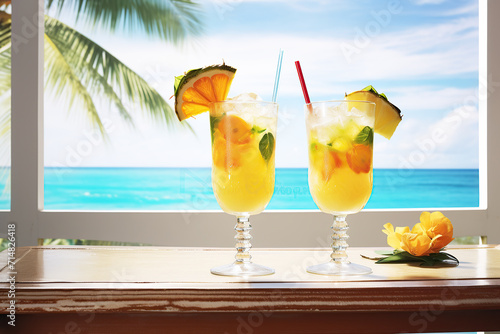 Two tropical cocktails on a beachside table at window with ocean view