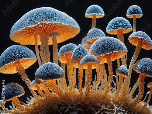 Close up of radiant blue mushrooms with a glowing orange underside. Generative AI.