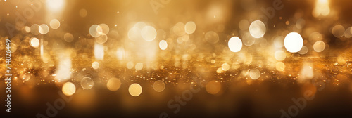 Banner. Abstract golden background with bokeh and highlights  festive backdrop. AI generative.