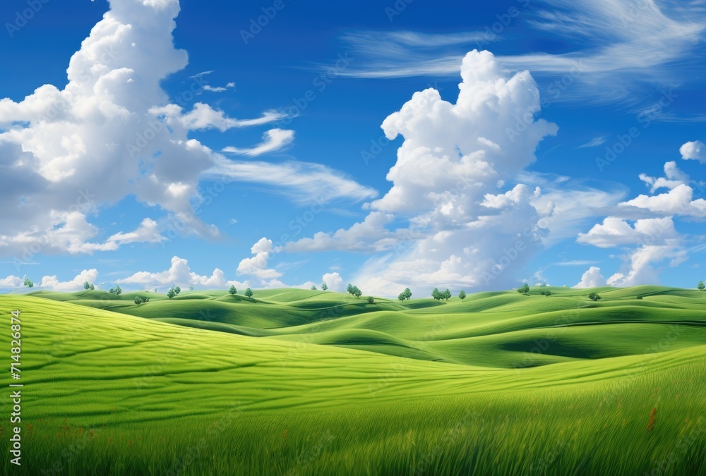 Rolling green hills beneath a bright blue sky adorned with fluffy clouds.