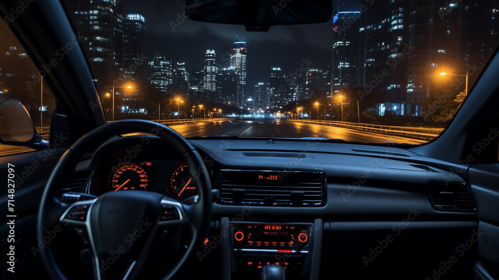 Driving the car at night. Point of view of driver from inside car. Night city.