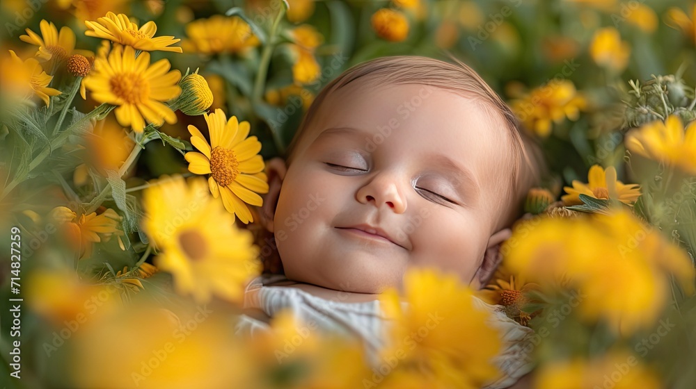 baby sleep in the flower garden field and warm light baby sleep in the flower garden field and warm light