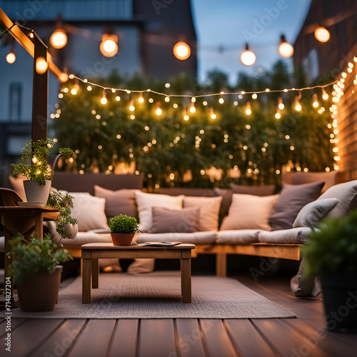 terrace with outdoor string lights and plants