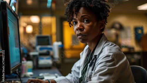 African American female doctor using computer at hospital. Medicine and healthcare.
