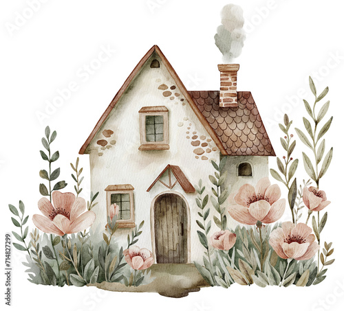 Watercolor cottage with flowers. Hand painted illustration