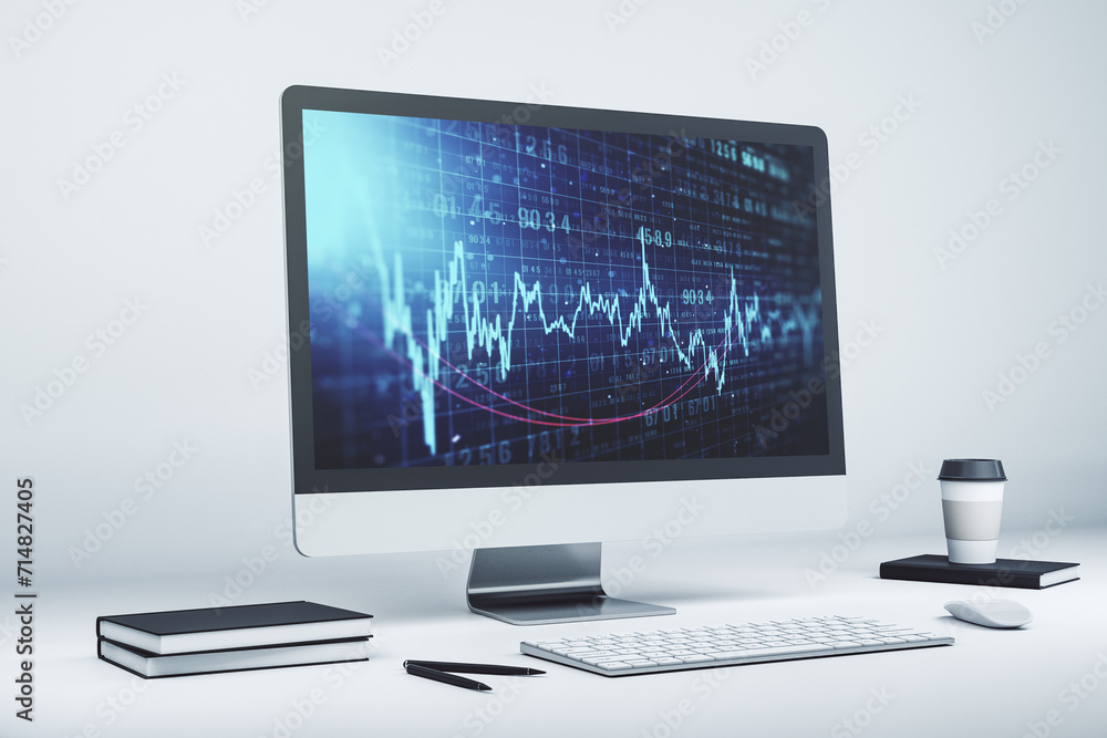 Modern computer display with abstract financial graph, financial and trading concept. 3D Rendering Modern computer display with abstract financial graph, financial and trading concept. 3D Rendering