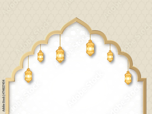 White luxury islamic background with decorative ornament pattern and lanterns Premium Vector