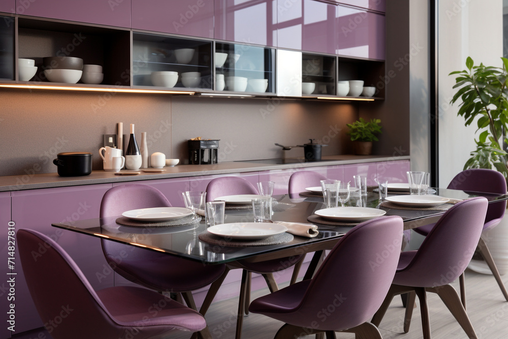 Modern spacious kitchen with purple chairs and purple kitchen furniture.