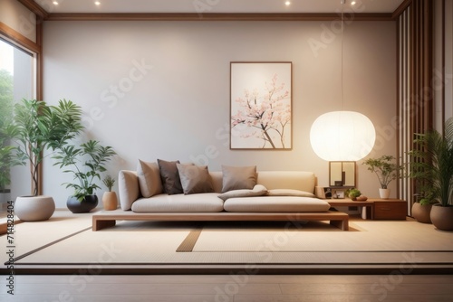 Japanese interior home design of modern living room with white sofa and wooden table with wooden furniture and houseplants at night