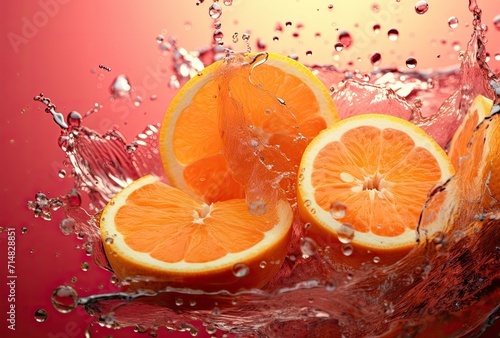 A grapefruit captured in a dynamic splash of water  creating a refreshing and vibrant image.