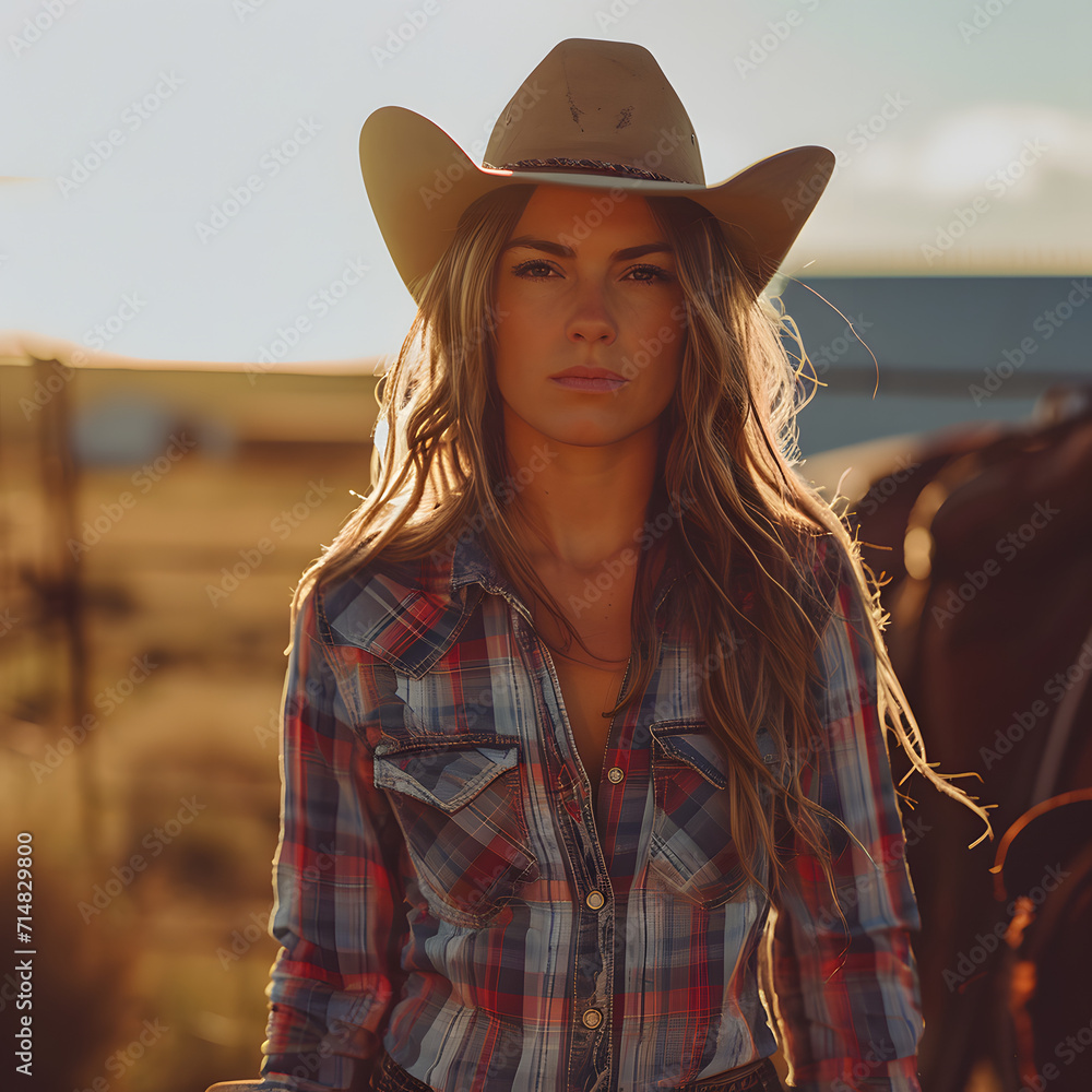 Beautiful American woman wearing a shirt and a cowboy hat