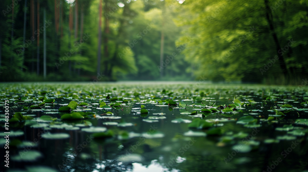 A lake in the middle of the forest with water lily leaves on it - obrazy, fototapety, plakaty 