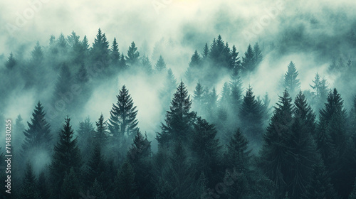 Fotografia A mysterious forest of fir trees in the fog