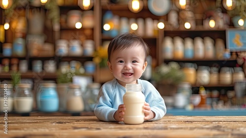 Baby milk and child formula on kitchen background