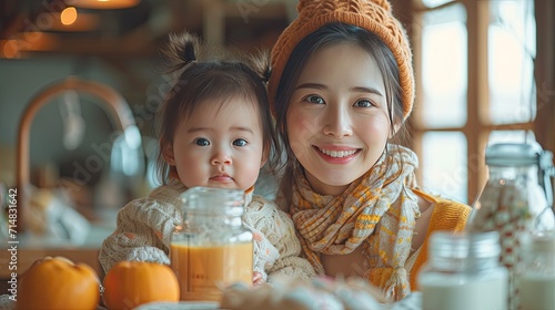 Baby milk and child formula on kitchen background
